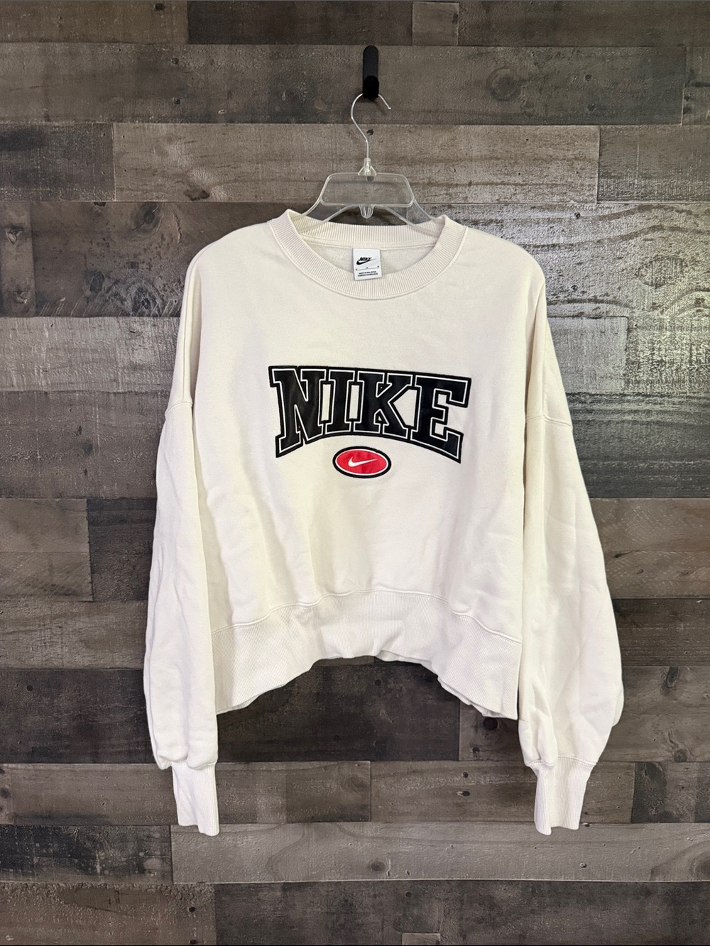 Nike Women’s White Cropped Crewneck with Black Logo and Red Swoosh